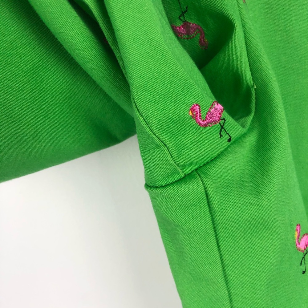 Briggs Pink Flamingo Embroidered Green Capri Pants - Picture 5 of 13